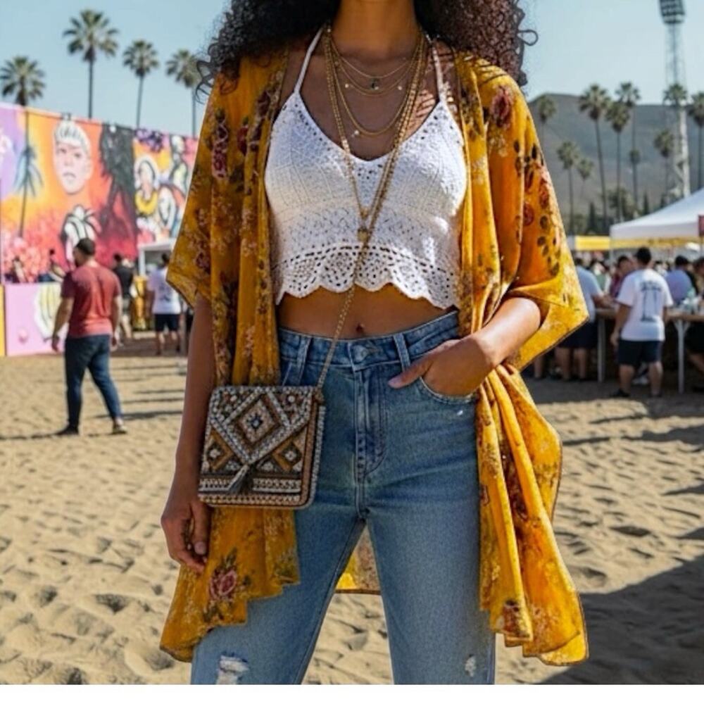 No‎ Boundaries Kimono Style Yellow Floral Lace Cover Up Top Blouse Girl 11-13